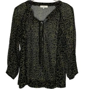 IRO Womens Sheer Long Sleeved Blouse Tie Neck Dark Abstract Print S